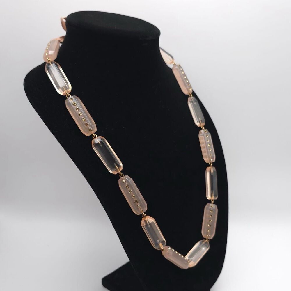 J.Crew Bead Necklace Rose Colored Oblong Rhinestones Rose Ribbon Pink